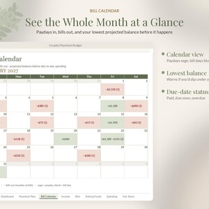 Puede incluir: Una interfaz de calendario de facturas digital para enero de 2027 titulada Couples Paycheck Budget. La cuadr&iacute;cula muestra entradas financieras diarias en verde salvia para ingresos y rosa rubor para facturas, con etiquetas de texto para el estado.