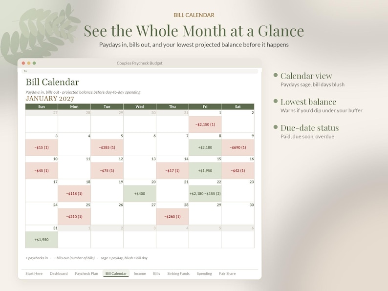 Puede incluir: Una interfaz de calendario de facturas digital para enero de 2027 titulada Couples Paycheck Budget. La cuadr&iacute;cula muestra entradas financieras diarias en verde salvia para ingresos y rosa rubor para facturas, con etiquetas de texto para el estado.
