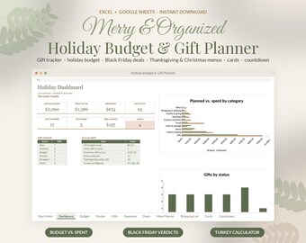Foglio di calcolo Google per la pianificazione del budget natalizio, foglio di calcolo per tenere traccia dei regali di Natale, lista dei regali di Natale, pianificatore per il Black Friday e il Giorno del Ringraziamento.