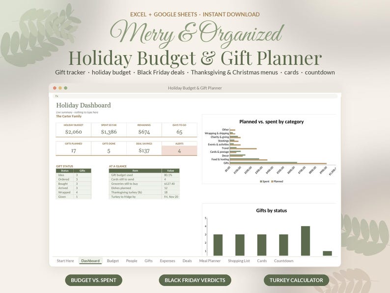 Christmas Budget Planner Google Sheets, Holiday Gift Tracker Spreadsheet, Christmas Gift List, Black Friday & Thanksgiving Planner imagen 1