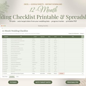 Wedding Checklist Printable PDF, Wedding Planning Checklist by Month, Google Sheets Wedding To Do List, Engagement Gift for Bride image 1