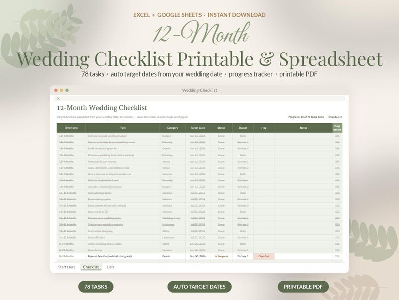 Wedding Checklist Printable PDF, Wedding Planning Checklist by Month, Google Sheets Wedding To Do List, Engagement Gift for Bride image 1