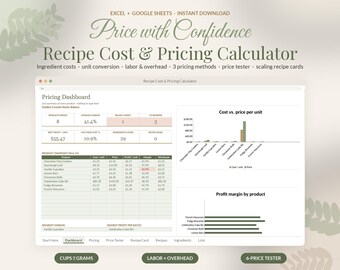 Foglio di calcolo per il calcolo dei costi delle ricette, modello per la determinazione dei prezzi delle pasticcerie, foglio di calcolo dei costi delle ricette in Google Sheets e Excel, prezzi delle torte per pasticceri casalinghi