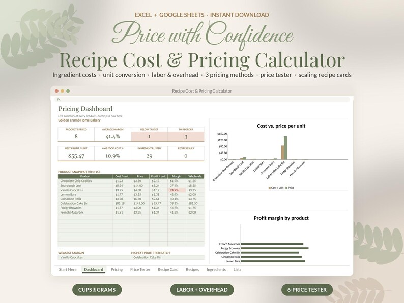 Recipe Cost Calculator Spreadsheet, Bakery Pricing Template, Recipe Costing Sheet Google Sheets Excel, Home Baker Cake Pricing image 1