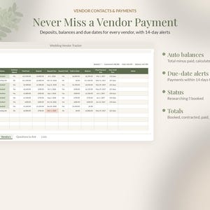 Pu&ograve; includere: Un foglio di calcolo digitale intitolato Wedding Vendor Tracker per gestire contatti e pagamenti dei fornitori. L'interfaccia mostra colonne per costi, depositi, saldi e scadenze con testo che evidenzia avvisi automatici.