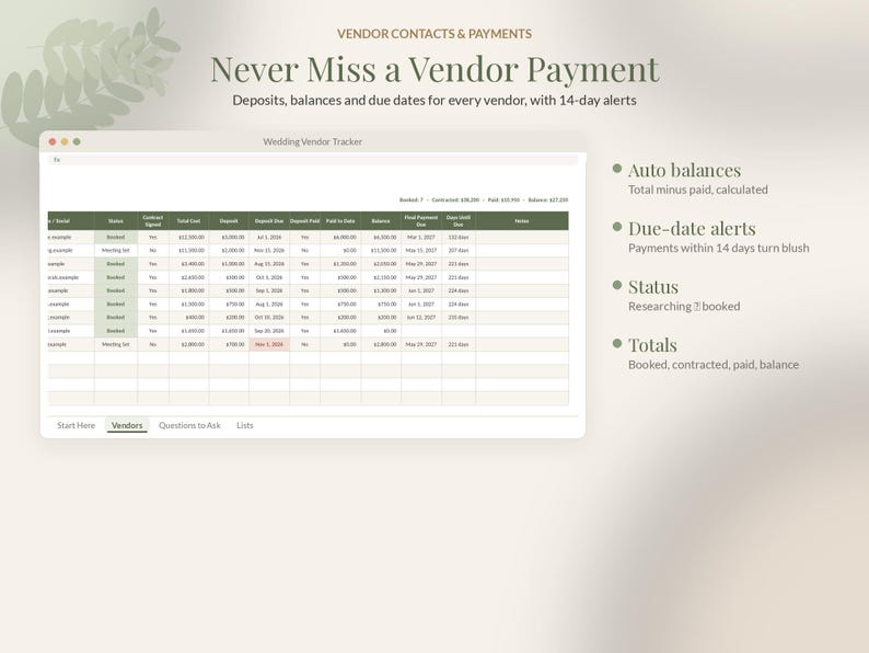 Pu&ograve; includere: Un foglio di calcolo digitale intitolato Wedding Vendor Tracker per gestire contatti e pagamenti dei fornitori. L'interfaccia mostra colonne per costi, depositi, saldi e scadenze con testo che evidenzia avvisi automatici.