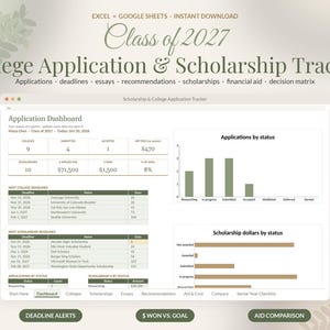 College Application Tracker Google Sheets, Scholarship Tracker Spreadsheet, Senior Year Planner, Class of 2027 Deadline Template image 1