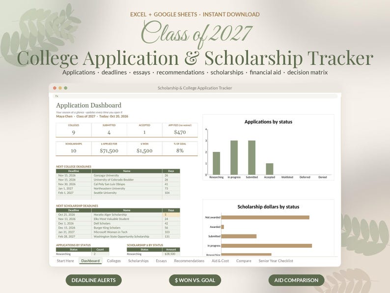 College Application Tracker Google Sheets, Scholarship Tracker Spreadsheet, Senior Year Planner, Class of 2027 Deadline Template image 1