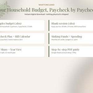 Puede incluir: Un planificador de presupuesto dom&eacute;stico digital titulado Your Household Budget, Paycheck by Paycheck. Enumera seis componentes: Couples budget, Blank version, Paycheck Plan + Bill Calendar, Sinking Funds + Spending, Fair Share + Year View y una gu&iacute;a PDF.