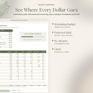 May include: A digital wedding budget spreadsheet interface displaying a budget summary with columns for estimated, actual, paid, and balance due costs. The screen includes a progress bar showing 49% of the budget committed and a detailed category breakdown table with rows for venue, catering, photography, and other expenses.