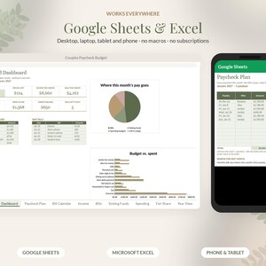 Puede incluir: Una plantilla digital de seguimiento de presupuesto para Google Sheets y Excel mostrada en una pantalla de ordenador y un smartphone. La interfaz muestra un panel de control dom&eacute;stico con gr&aacute;ficos financieros y una tabla de n&oacute;mina con texto.