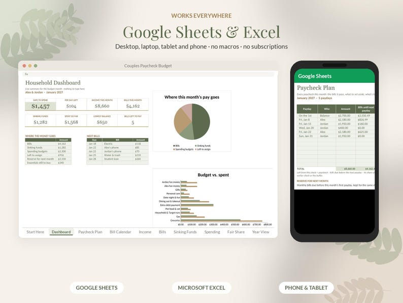 Puede incluir: Una plantilla digital de seguimiento de presupuesto para Google Sheets y Excel mostrada en una pantalla de ordenador y un smartphone. La interfaz muestra un panel de control dom&eacute;stico con gr&aacute;ficos financieros y una tabla de n&oacute;mina con texto.