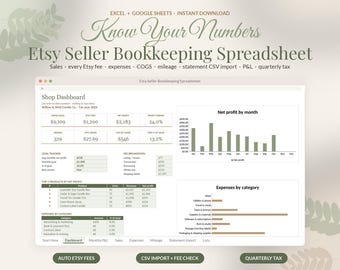 Foglio di calcolo per la contabilità di Etsy su Google Sheets, strumento di monitoraggio dei profitti per i venditori Etsy, calcolatore delle commissioni, modello per la dichiarazione dei redditi e delle spese, per piccole imprese.
