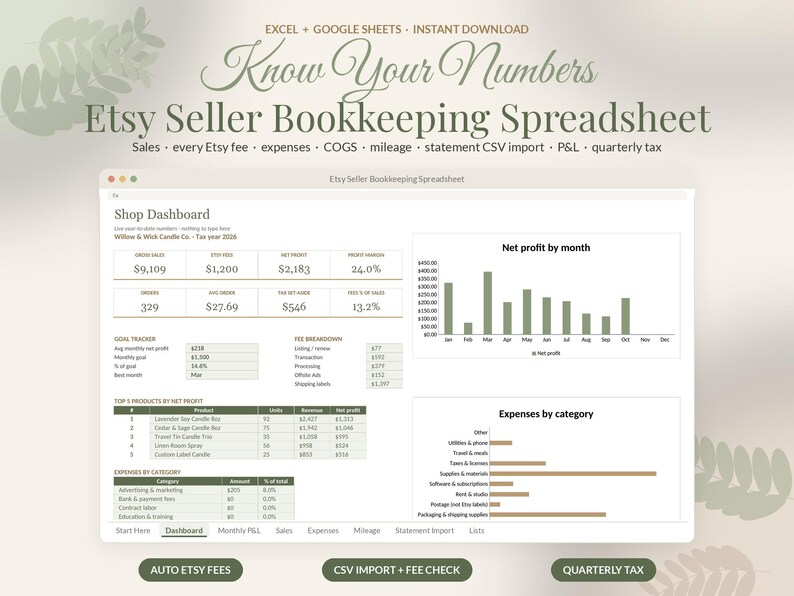 Hoja de cálculo de contabilidad de Etsy en Google Sheets, Rastreador de ganancias de vendedores de Etsy, Calculadora de tarifas, Plantilla de impuestos sobre ingresos y gastos, Pequeña empresa imagen 1
