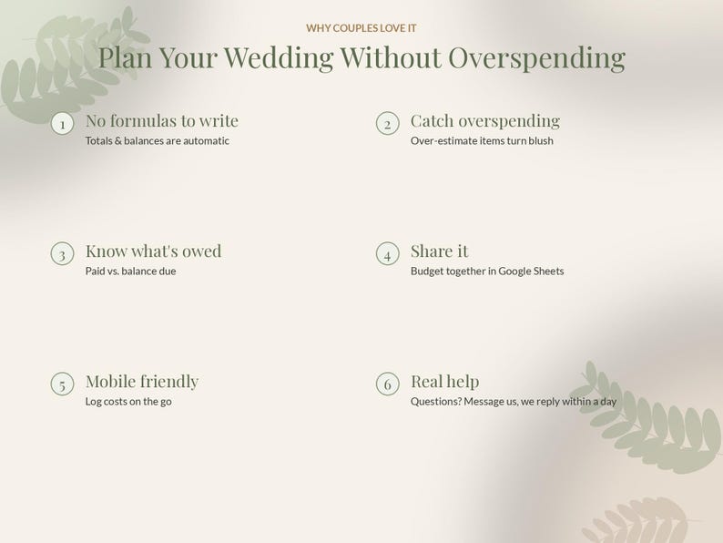 May include: A digital wedding budget planner infographic with the title Plan Your Wedding Without Overspending. It lists six features: No formulas to write, Catch overspending, Know what's owed, Share it, Mobile friendly, and Real help.