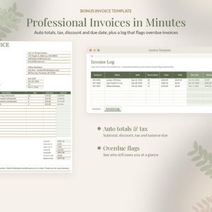 May include: A digital invoice template featuring a document layout with itemized rows, totals, and tax fields, alongside an invoice log spreadsheet view. The design includes text headers like Professional Invoices in Minutes, Invoice Log, Auto totals & tax, and Overdue flags.