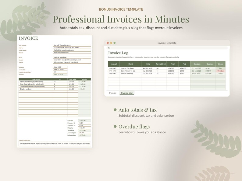 May include: A digital invoice template featuring a document layout with itemized rows, totals, and tax fields, alongside an invoice log spreadsheet view. The design includes text headers like Professional Invoices in Minutes, Invoice Log, Auto totals & tax, and Overdue flags.