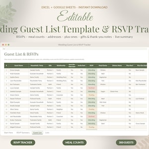 Wedding Guest List Template Google Sheets, RSVP Tracker Spreadsheet, Guest List Excel, Meal Choice Count, Address List image 1
