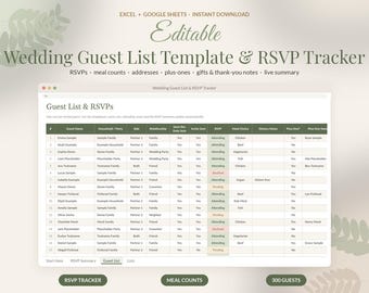 Modello per la lista degli invitati al matrimonio su Google Sheets, foglio di calcolo per il monitoraggio delle conferme di partecipazione, lista degli invitati in Excel, conteggio delle scelte del menù, elenco degli indirizzi