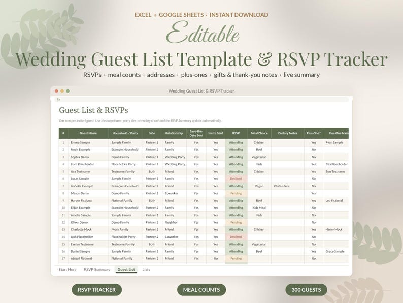 Wedding Guest List Template Google Sheets, RSVP Tracker Spreadsheet, Guest List Excel, Meal Choice Count, Address List image 1