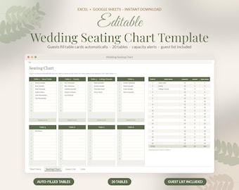Modello di disposizione dei posti a sedere per matrimonio modificabile, planimetria dei posti a sedere in Fogli Google Excel, pianificatore di tavoli rotondi, disposizione dei posti a sedere per gli ospiti del ricevimento