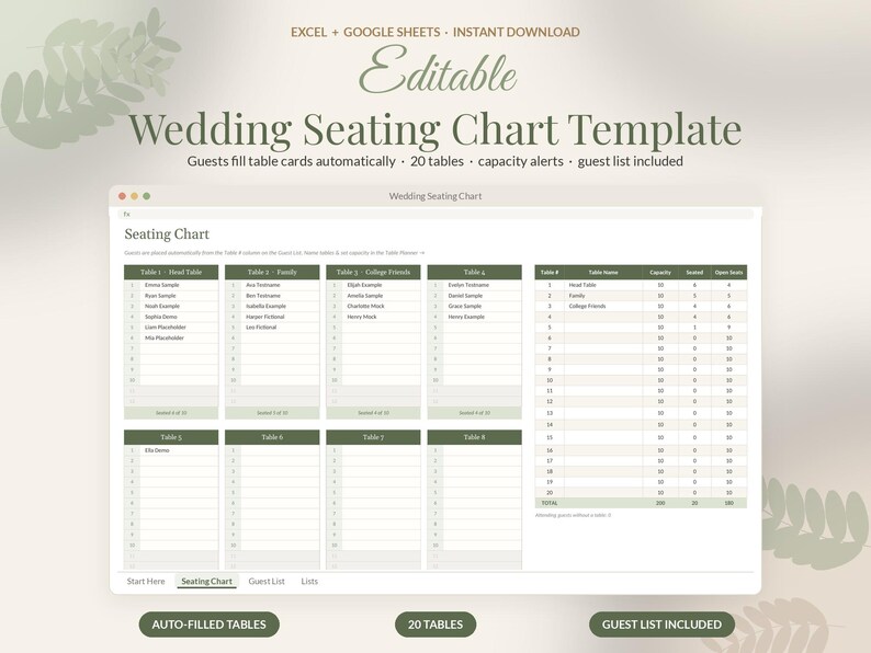 Wedding Seating Chart Template Editable, Seating Plan Google Sheets Excel, Round Table Planner, Reception Guest Seating image 1