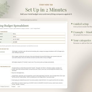May include: A digital wedding budget spreadsheet interface displayed on a screen. The document includes sections for partner names, wedding date, and total budget, with instructional text for guided setup, example data, and customizable categories.