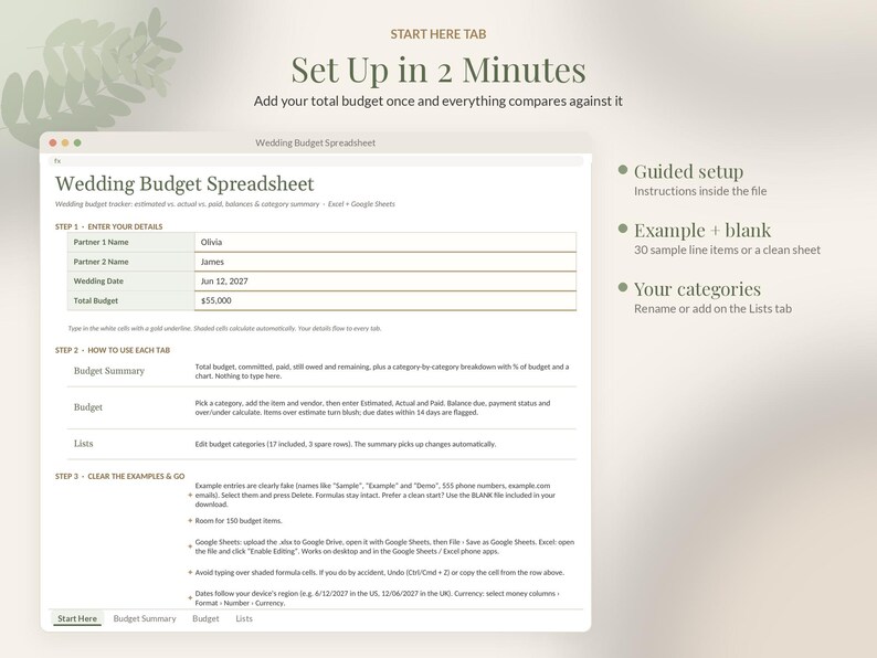 May include: A digital wedding budget spreadsheet interface displayed on a screen. The document includes sections for partner names, wedding date, and total budget, with instructional text for guided setup, example data, and customizable categories.