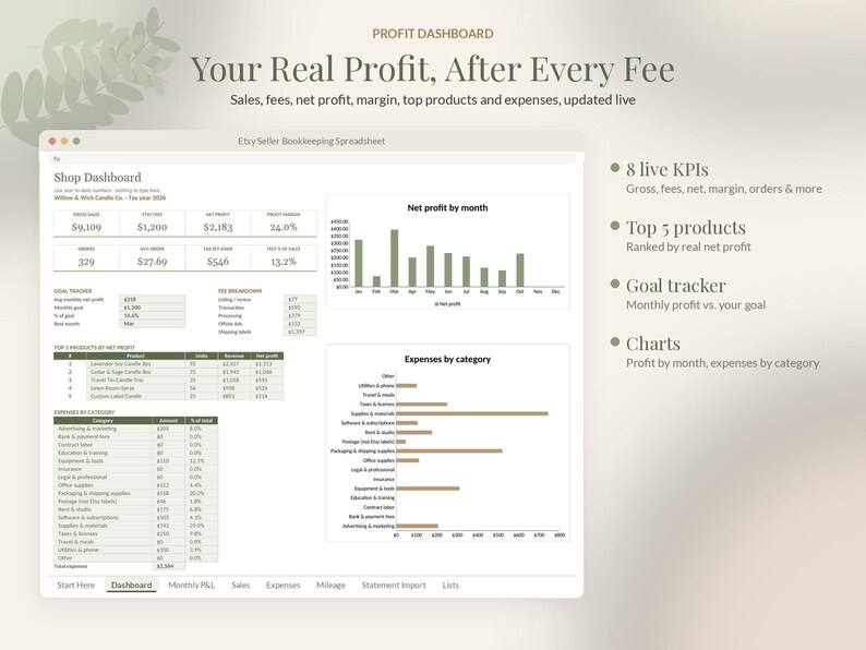 Hoja de cálculo de contabilidad de Etsy en Google Sheets, Rastreador de ganancias de vendedores de Etsy, Calculadora de tarifas, Plantilla de impuestos sobre ingresos y gastos, Pequeña empresa imagen 2