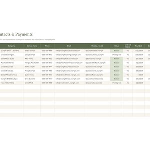 Pu&ograve; includere: Un foglio di calcolo digitale intitolato Vendor Contacts & Payments con colonne per Category, Company, Contact Name, Phone, Email, Website/Social, Status, Contract Signed, Total Cost, Deposit e Deposit Due, contenente dati di esempio.