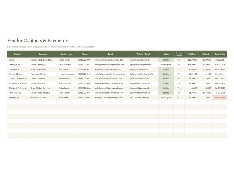 Pu&ograve; includere: Un foglio di calcolo digitale intitolato Vendor Contacts & Payments con colonne per Category, Company, Contact Name, Phone, Email, Website/Social, Status, Contract Signed, Total Cost, Deposit e Deposit Due, contenente dati di esempio.