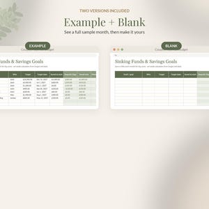 Puede incluir: Dos plantillas de hoja de c&aacute;lculo de presupuesto digital tituladas Sinking Funds & Savings Goals. Una versi&oacute;n est&aacute; llena con datos de ejemplo y la otra est&aacute; en blanco. Ambas cuentan con columnas para fondo, objetivo, fecha y ahorros.