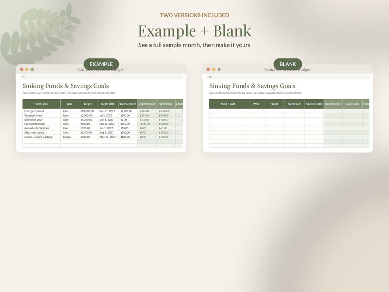 Puede incluir: Dos plantillas de hoja de c&aacute;lculo de presupuesto digital tituladas Sinking Funds & Savings Goals. Una versi&oacute;n est&aacute; llena con datos de ejemplo y la otra est&aacute; en blanco. Ambas cuentan con columnas para fondo, objetivo, fecha y ahorros.