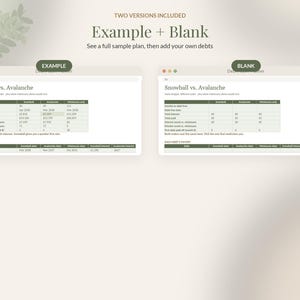 May include: A digital debt payoff planner template featuring two versions: an example with filled data and a blank version. Both display tables titled Snowball vs. Avalanche, comparing debt repayment strategies with rows for months to debt free, total interest, and total paid.