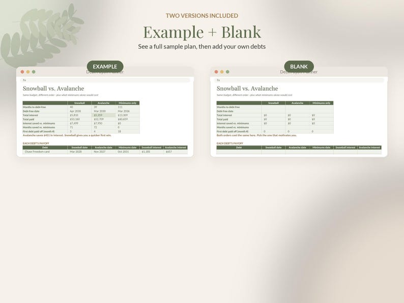 May include: A digital debt payoff planner template featuring two versions: an example with filled data and a blank version. Both display tables titled Snowball vs. Avalanche, comparing debt repayment strategies with rows for months to debt free, total interest, and total paid.