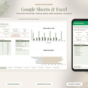 May include: A digital inventory and pricing calculator template for Google Sheets and Excel, displayed on a desktop screen and a smartphone. The interface shows dashboards with data tables, bar charts, and margin analysis for product tracking.