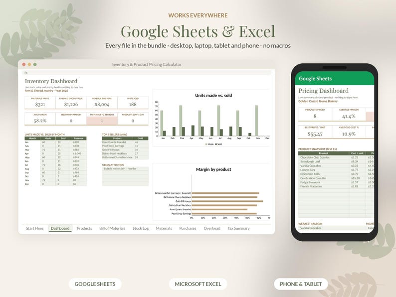 May include: A digital inventory and pricing calculator template for Google Sheets and Excel, displayed on a desktop screen and a smartphone. The interface shows dashboards with data tables, bar charts, and margin analysis for product tracking.