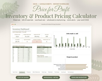 Modello di foglio di calcolo per l'inventario su Google Sheets, calcolatore dei prezzi dei prodotti, strumento di monitoraggio dei costi dei beni venduti per attività artigianali, foglio di calcolo Excel per i prezzi all'ingrosso.