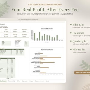 May include: A digital bookkeeping spreadsheet for Etsy sellers titled Etsy Seller Bookkeeping Dashboard. It displays a shop dashboard with financial data, net profit bar charts, expense categories, and lists for 8 live KPIs, fee checks, quarterly tax, and mileage logs.