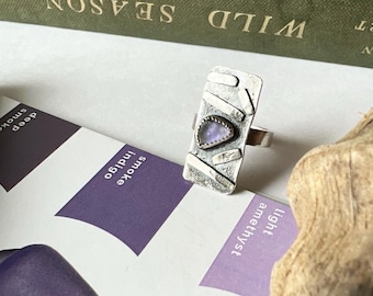 Rare Sea Glass Ring Rectangular Oxidized Sterling Silver with Simple Band Purple
