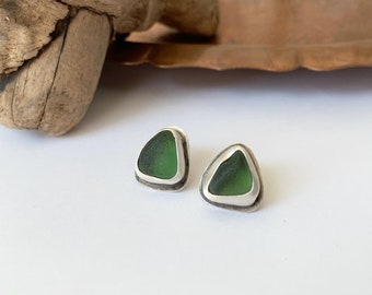 Sterling Silver Sea Glass Earrings Bezel Set Studs Green Sea Glass