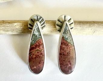 Natural River Jasper and Sterling Silver Earrings Bezel Set Hand-Stamped Oxidized Drop Studs