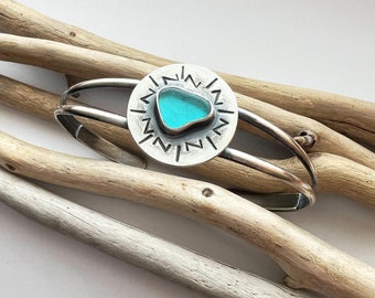 Sterling Silver Sea Glass Split Cuff Bracelet Stamped Texture Turquoise Aqua