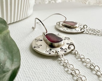 Oxidized Sterling Silver Sea Glass Dangles Circle with Drop Chain Detail Hand-Stamped Daisies