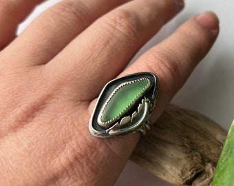 Light Green Sea Glass and Oxidized Sterling Silver Shadowbox Statement Ring Size 9 Hand Forged Foliage Leaf Copper Accent