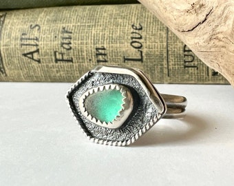 Evil Eye Sea Glass and Oxidized Sterling Silver Shadowbox Statement Ring