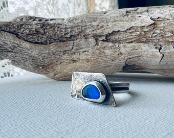 Sea Glass Bezel Reticulation Ring Oxidized Sterling Silver with Double Round Band SIZE 7