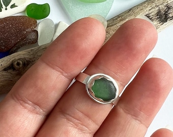 Sterling Silver Sea Glass Ring: Forest Green Statement Ring, Size 7.5