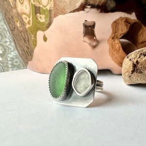 Sea Glass Ring Two-Tone Double Bezel Oxidized Sterling Silver with Double Round Band