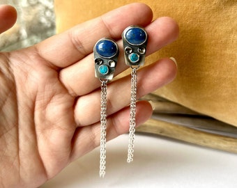 Lapis Lazuli and Turquoise Sterling Silver Cluster Earrings Post Back